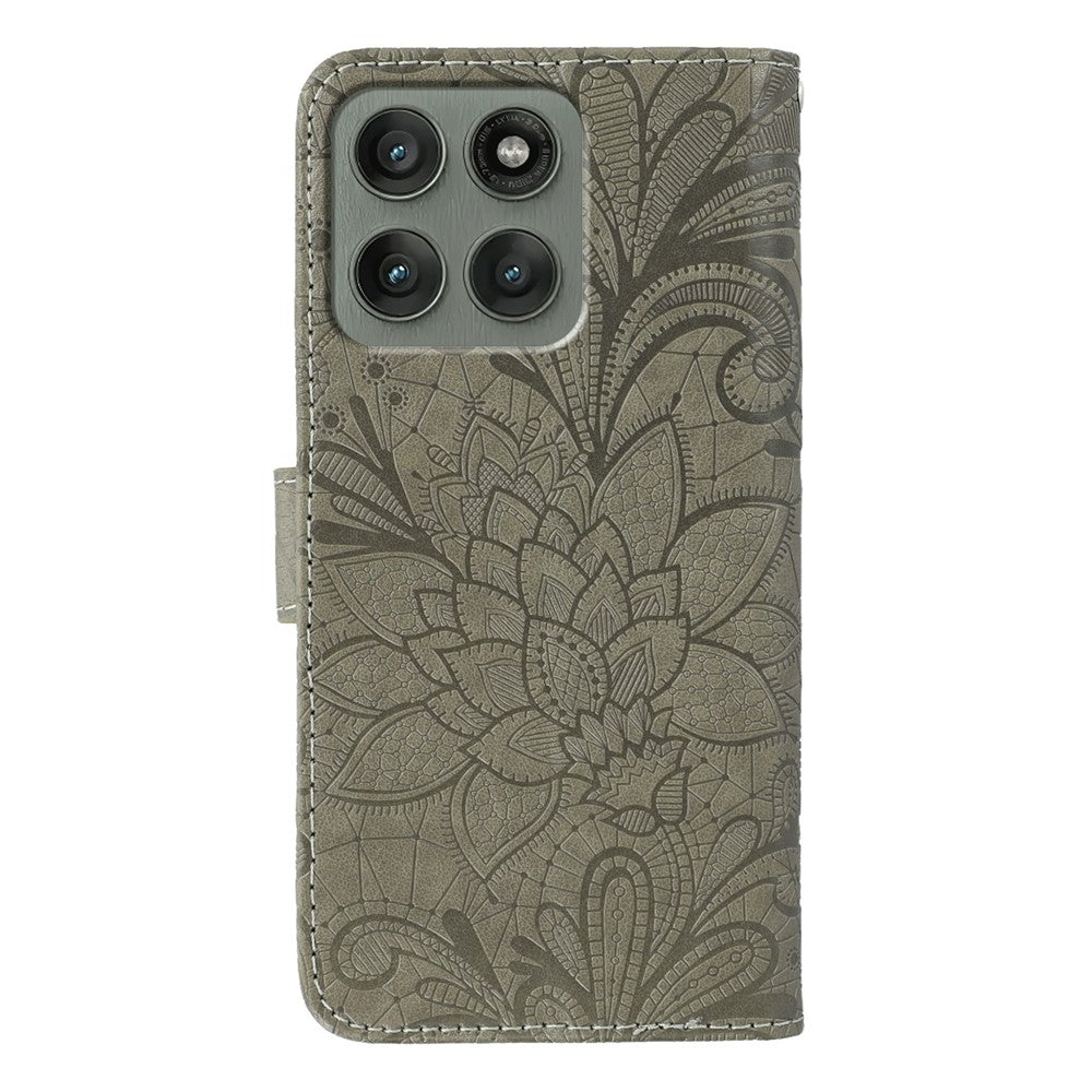 For Motorola Edge 70 5G Case Lace Flowers PU Leather Flip Wallet Phone Cover - Grey