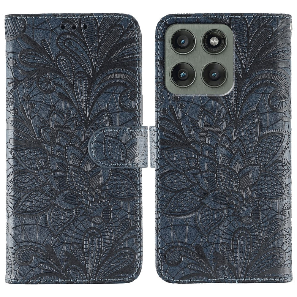 For Motorola Edge 70 5G Case Lace Flowers PU Leather Flip Wallet Phone Cover - Dark Blue