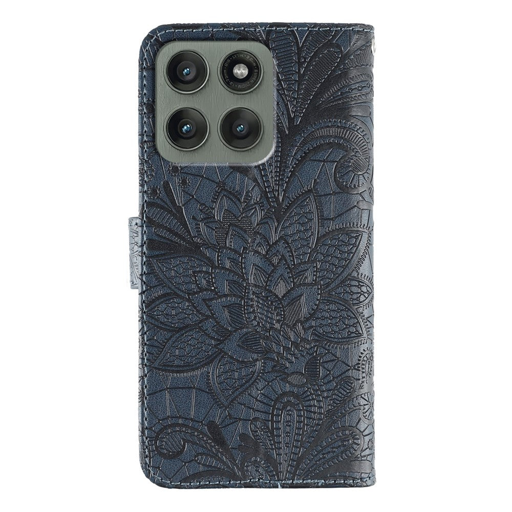 For Motorola Edge 70 5G Case Lace Flowers PU Leather Flip Wallet Phone Cover - Dark Blue