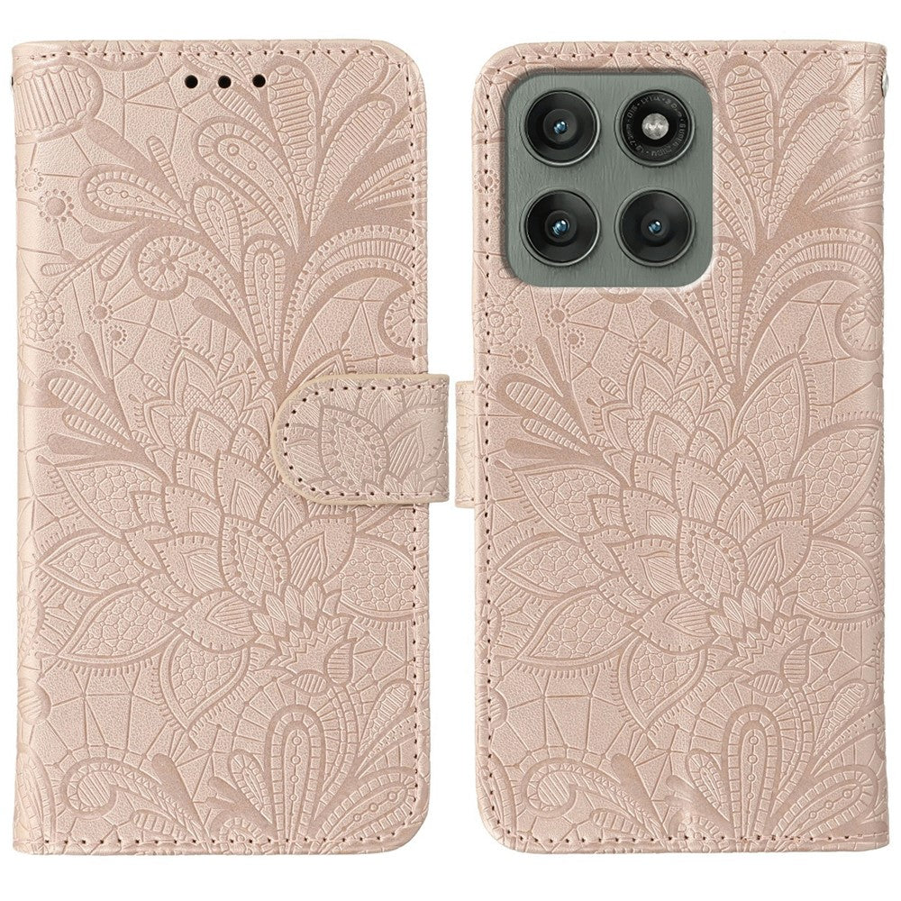 For Motorola Edge 70 5G Case Lace Flowers PU Leather Flip Wallet Phone Cover - Rose Gold
