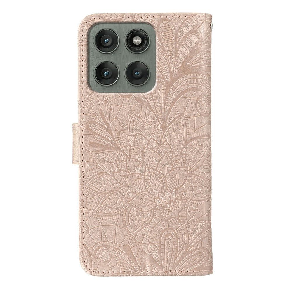 For Motorola Edge 70 5G Case Lace Flowers PU Leather Flip Wallet Phone Cover - Rose Gold