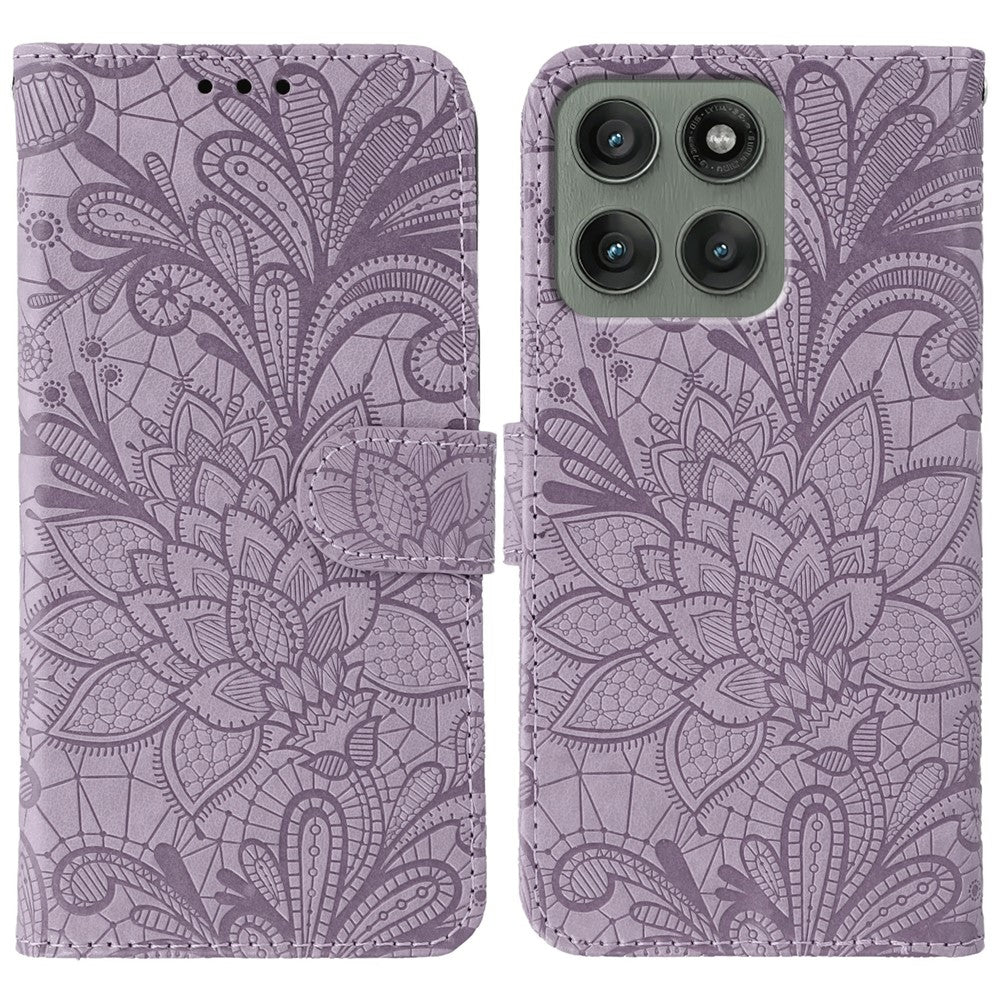 For Motorola Edge 70 5G Case Lace Flowers PU Leather Flip Wallet Phone Cover - Purple