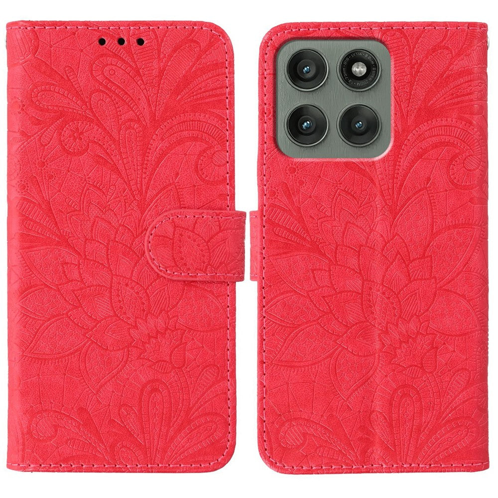 For Motorola Edge 70 5G Case Lace Flowers PU Leather Flip Wallet Phone Cover - Red