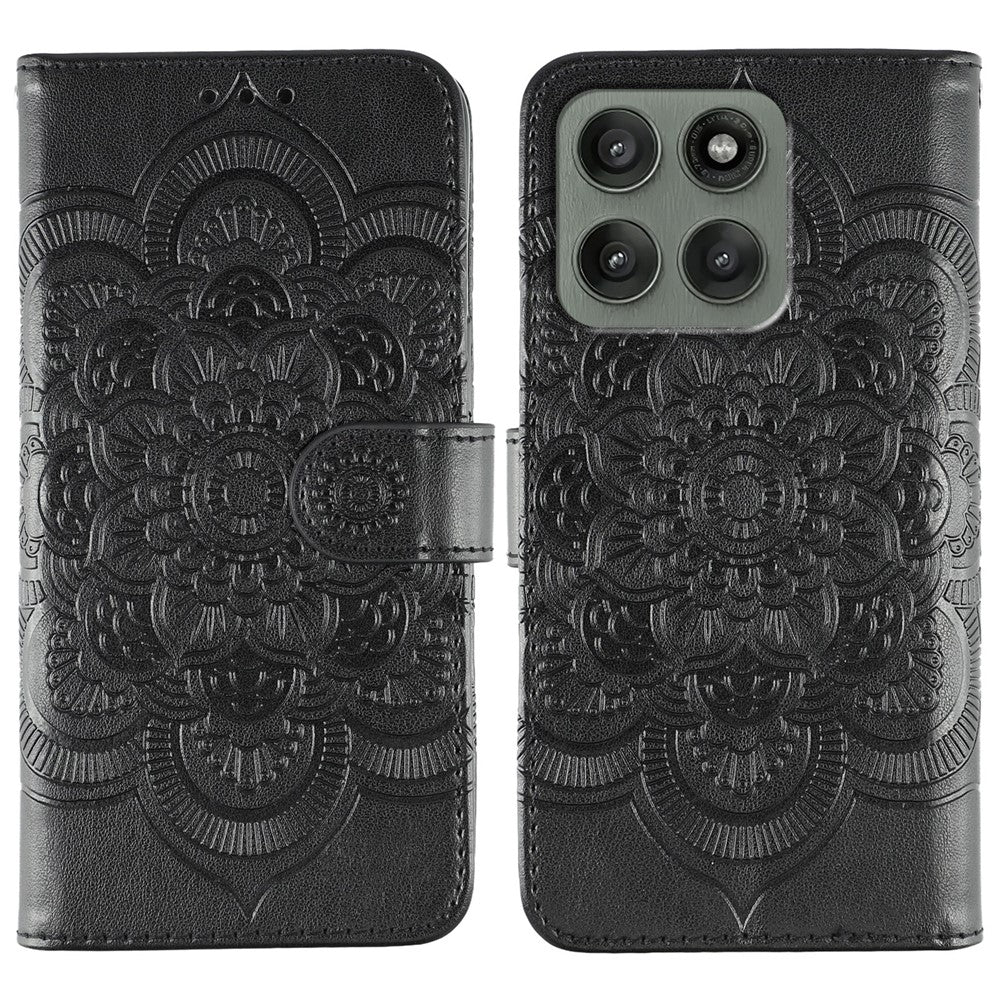 For Motorola Edge 70 5G Case PU Leather Mandala Imprinted Design Wallet Phone Cover with Wrist Strap - Black