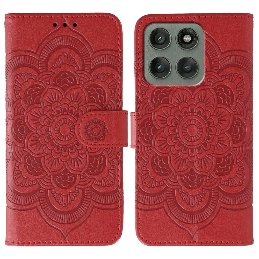 For Motorola Edge 70 5G Case PU Leather Mandala Imprinted Design Wallet Phone Cover with Wrist Strap - Red