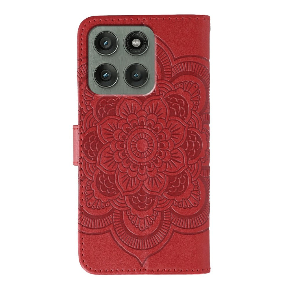 For Motorola Edge 70 5G Case PU Leather Mandala Imprinted Design Wallet Phone Cover with Wrist Strap - Red
