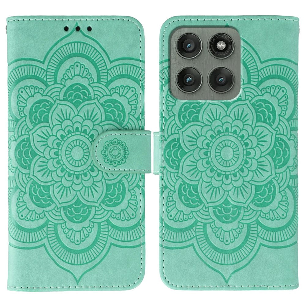 For Motorola Edge 70 5G Case PU Leather Mandala Imprinted Design Wallet Phone Cover with Wrist Strap - Green