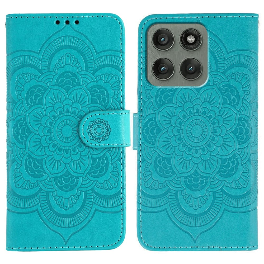 For Motorola Edge 70 5G Case PU Leather Mandala Imprinted Design Wallet Phone Cover with Wrist Strap - Blue