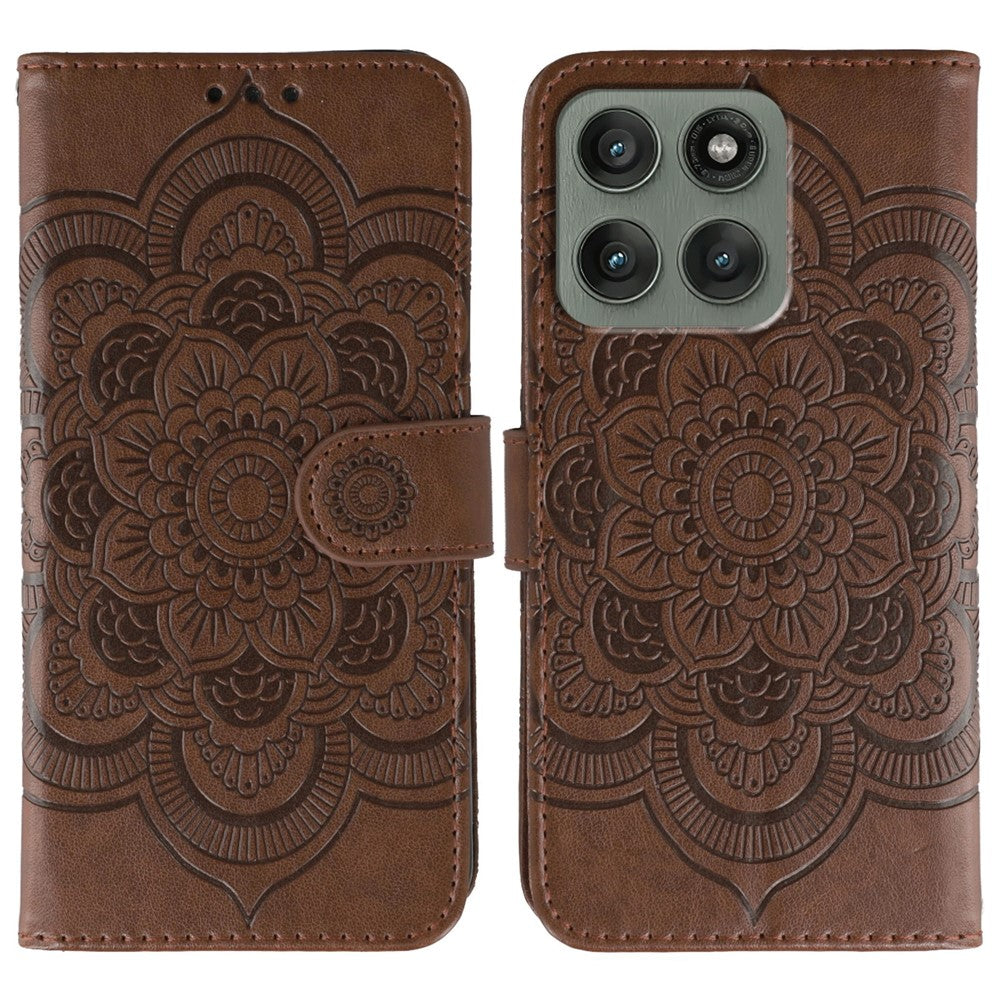 For Motorola Edge 70 5G Case PU Leather Mandala Imprinted Design Wallet Phone Cover with Wrist Strap - Brown