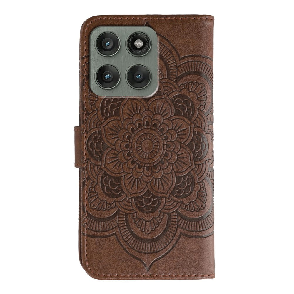 For Motorola Edge 70 5G Case PU Leather Mandala Imprinted Design Wallet Phone Cover with Wrist Strap - Brown