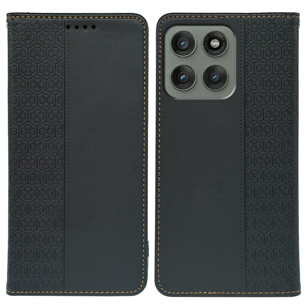 For Motorola Edge 70 5G Case Four Leaf Clover Leather Flip Phone Cover Stand Wallet - Black