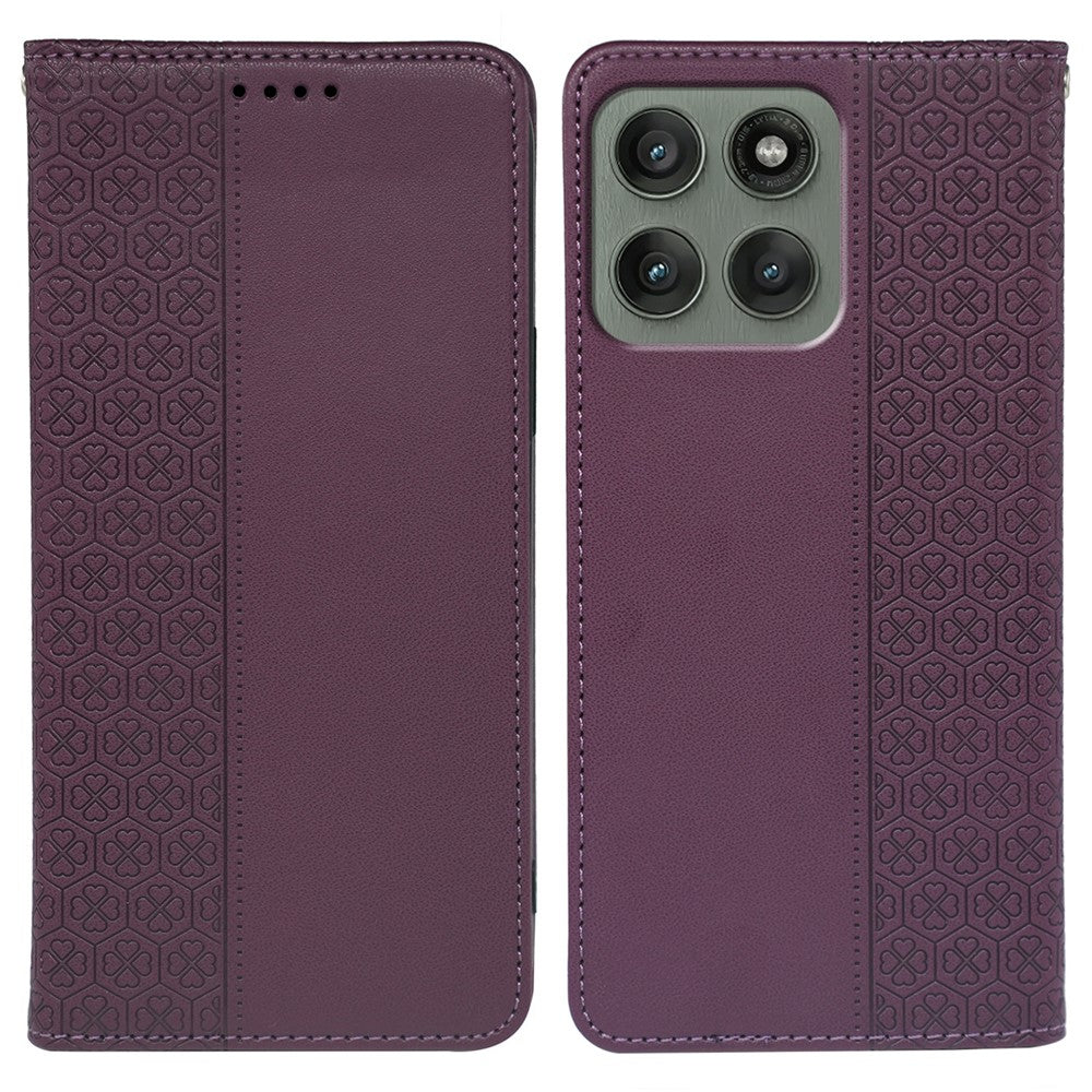 For Motorola Edge 70 5G Case Four Leaf Clover Leather Flip Phone Cover Stand Wallet - Dark Purple