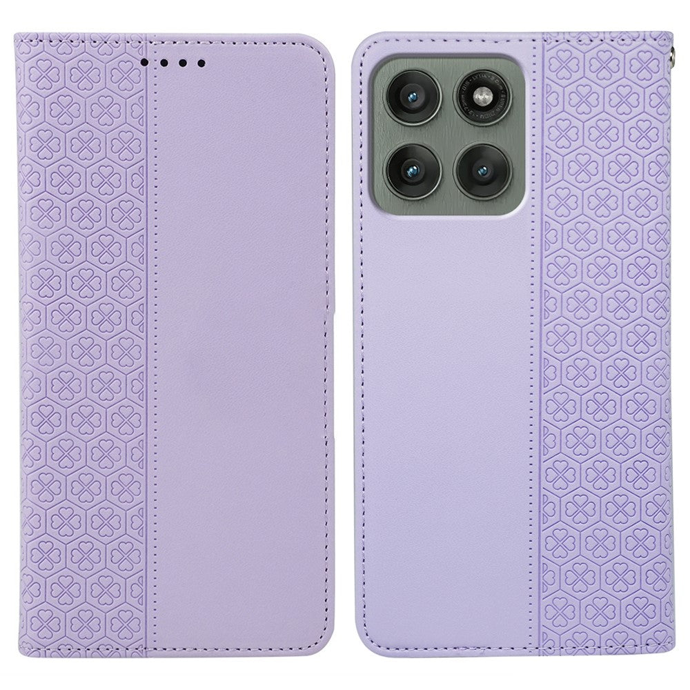 For Motorola Edge 70 5G Case Four Leaf Clover Leather Flip Phone Cover Stand Wallet - Light Purple
