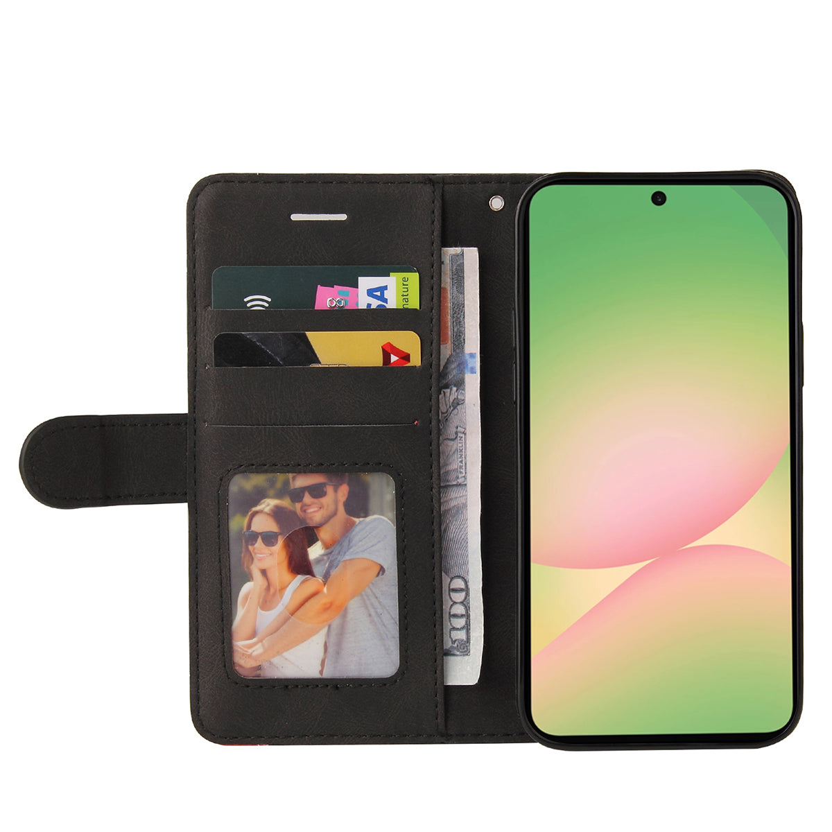 For Samsung Galaxy A57 5G Leather Phone Case Stand Wallet with Bi-colour Splicing Design - Black