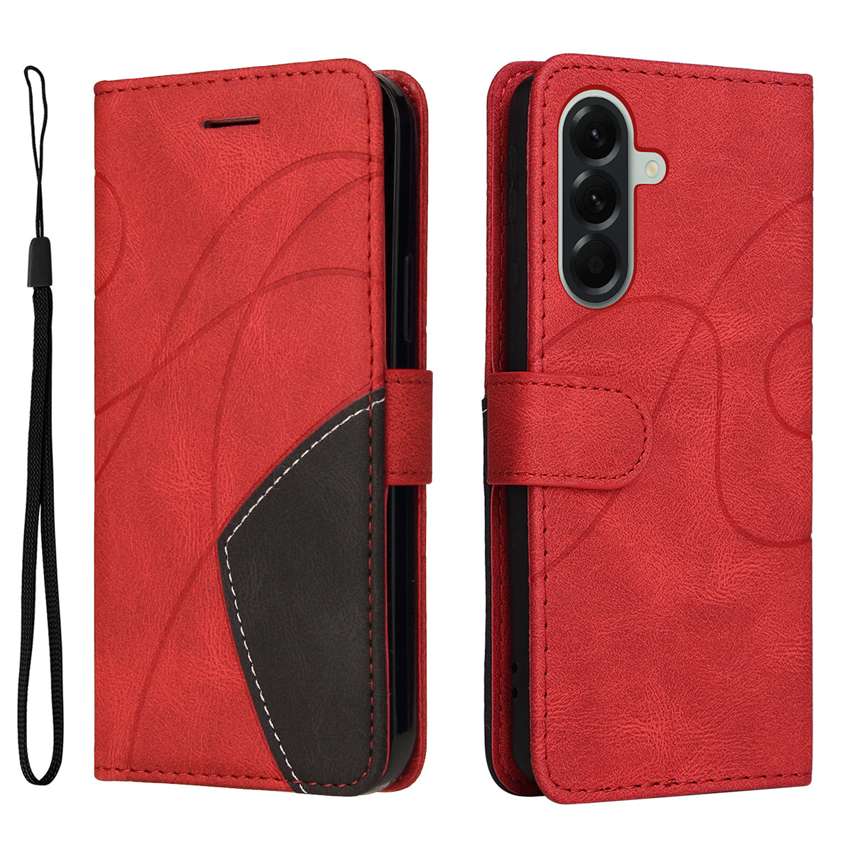 For Samsung Galaxy A57 5G Leather Phone Case Stand Wallet with Bi-colour Splicing Design - Red