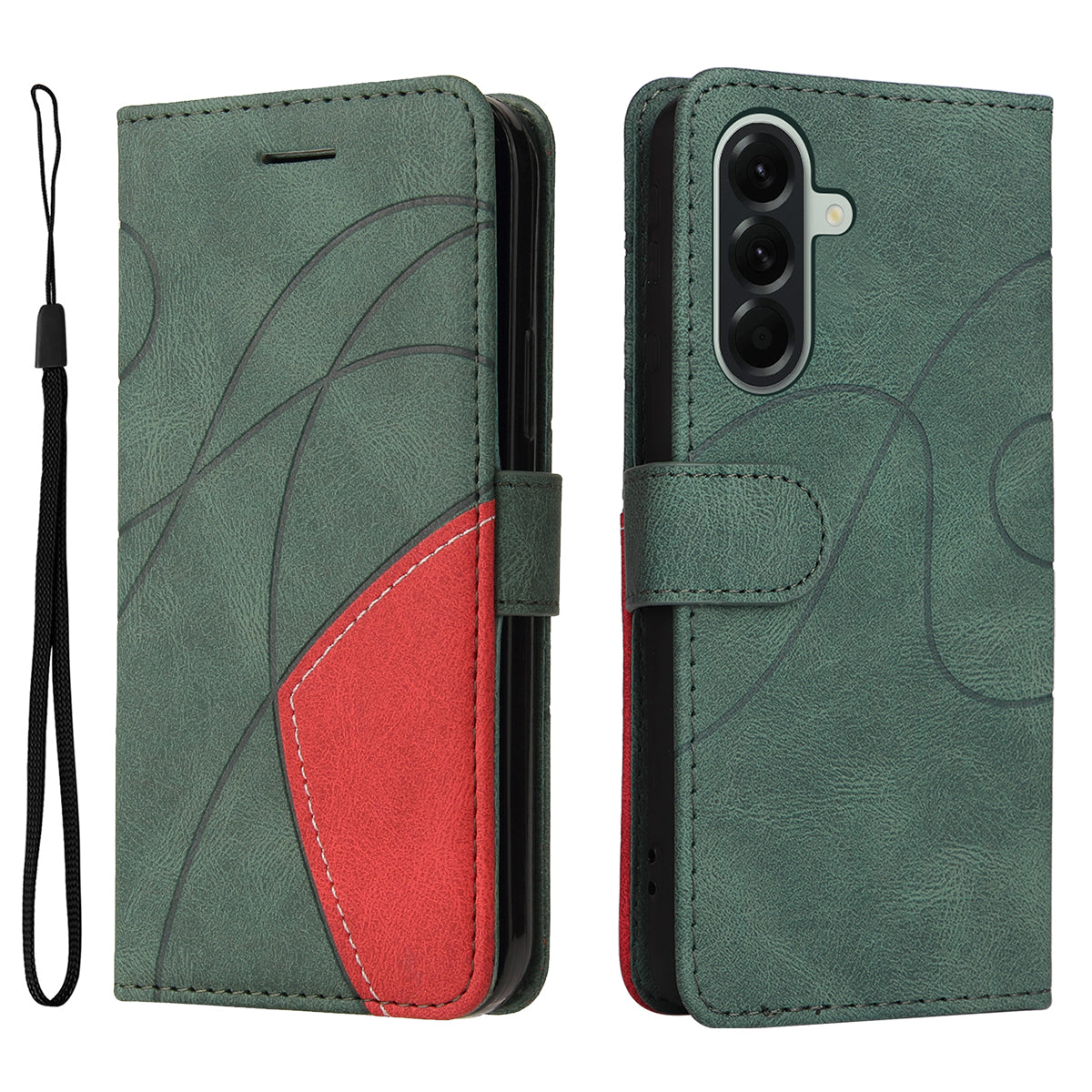 For Samsung Galaxy A57 5G Leather Phone Case Stand Wallet with Bi-colour Splicing Design - Green