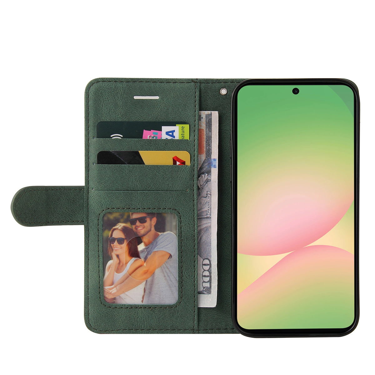 For Samsung Galaxy A57 5G Leather Phone Case Stand Wallet with Bi-colour Splicing Design - Green