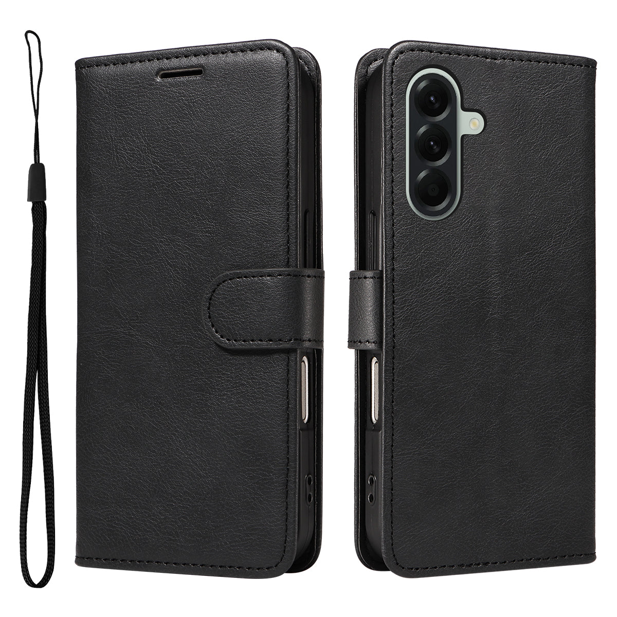 For Samsung Galaxy A57 5G Leather Wallet Case with Strap Solid Color Phone Stand Cover - Black