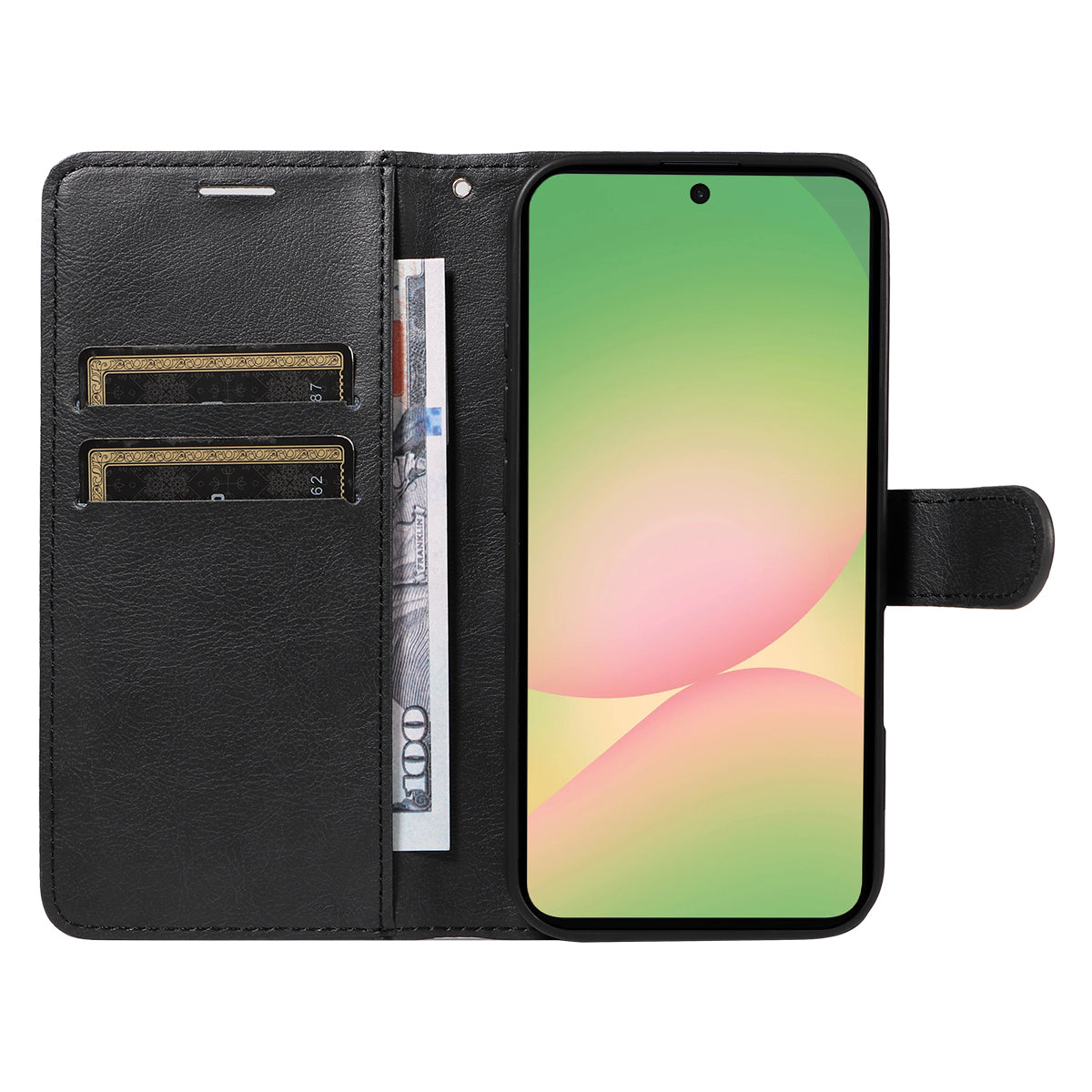 For Samsung Galaxy A57 5G Leather Wallet Case with Strap Solid Color Phone Stand Cover - Black