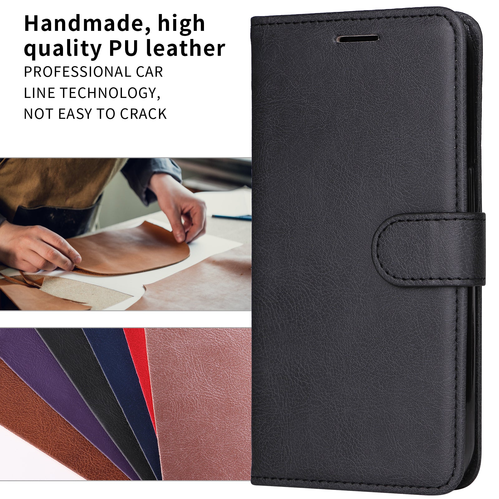 For Samsung Galaxy A57 5G Leather Wallet Case with Strap Solid Color Phone Stand Cover - Black