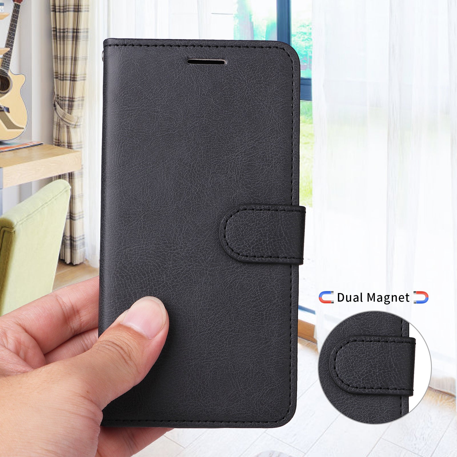 For Samsung Galaxy A57 5G Leather Wallet Case with Strap Solid Color Phone Stand Cover - Black