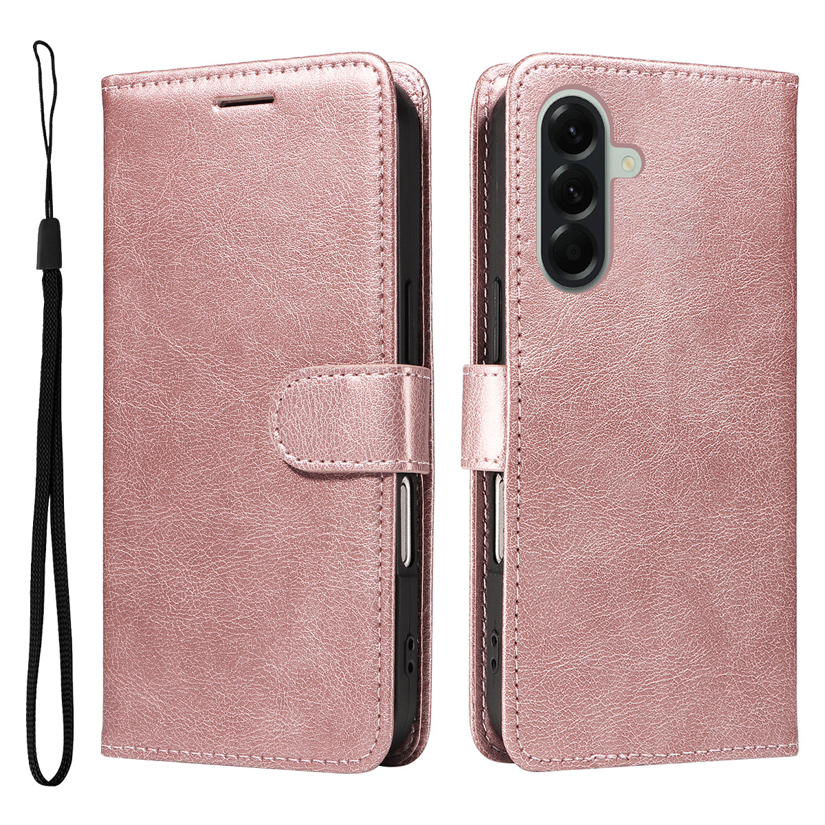 For Samsung Galaxy A57 5G Leather Wallet Case with Strap Solid Color Phone Stand Cover - Rose Gold