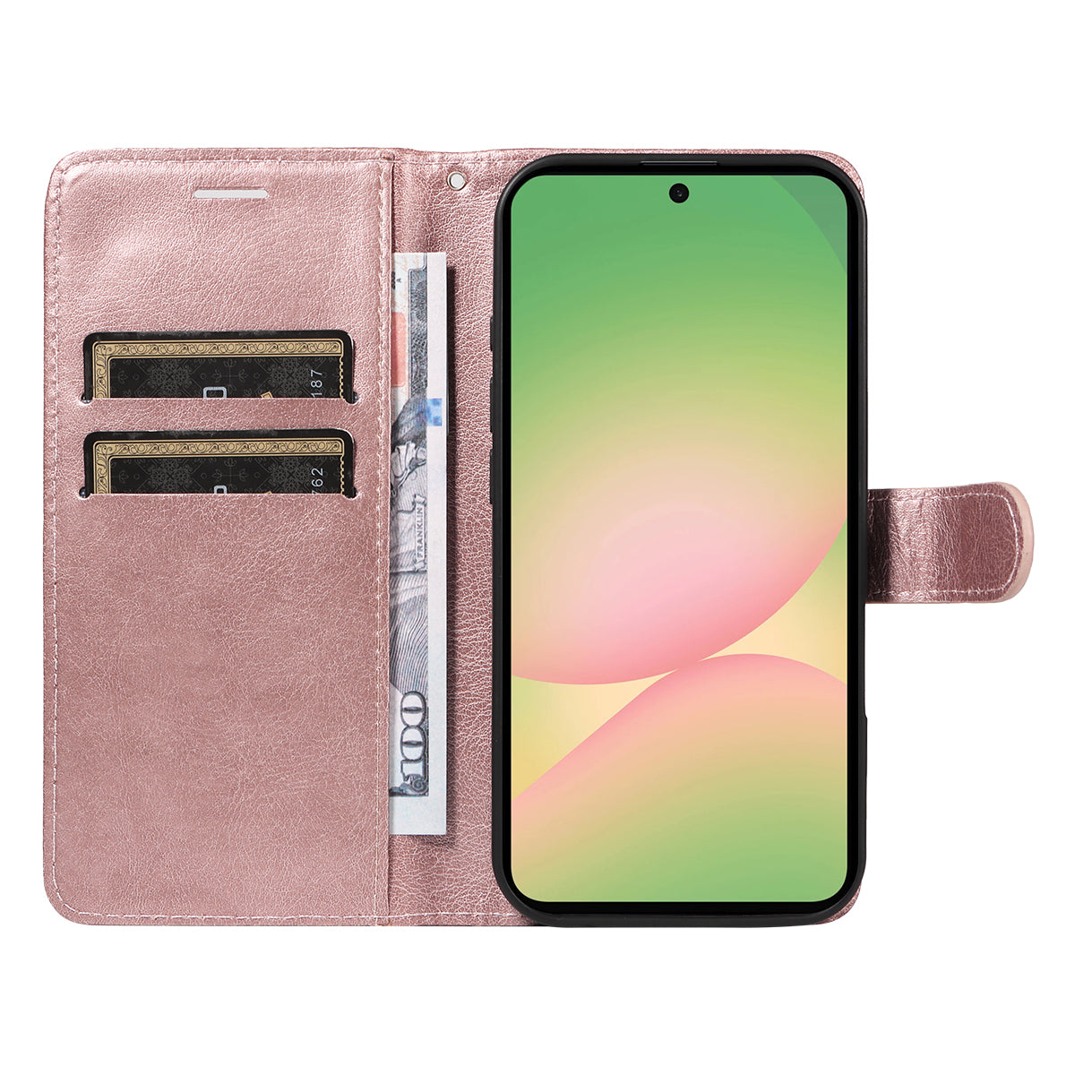 For Samsung Galaxy A57 5G Leather Wallet Case with Strap Solid Color Phone Stand Cover - Rose Gold