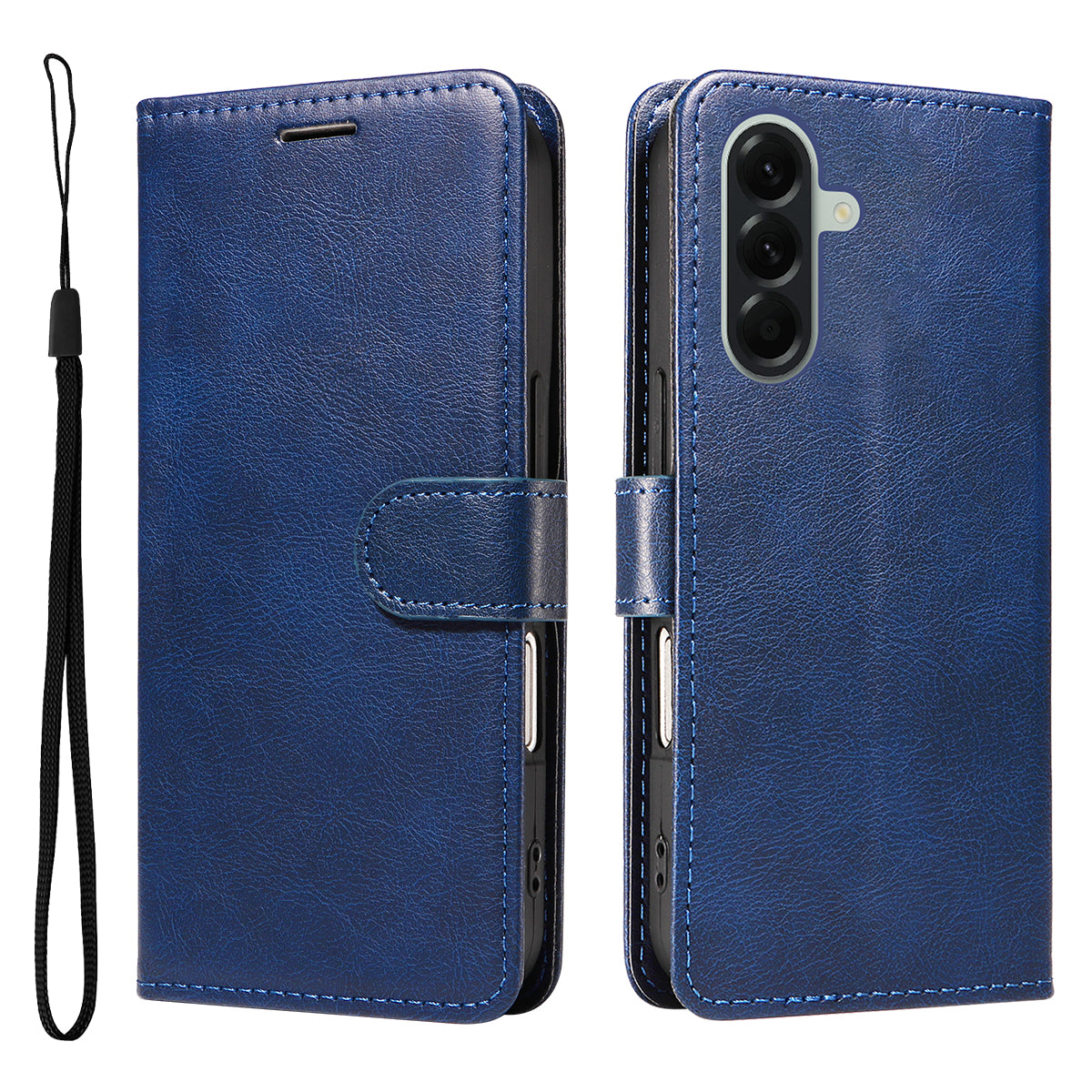 For Samsung Galaxy A57 5G Leather Wallet Case with Strap Solid Color Phone Stand Cover - Blue