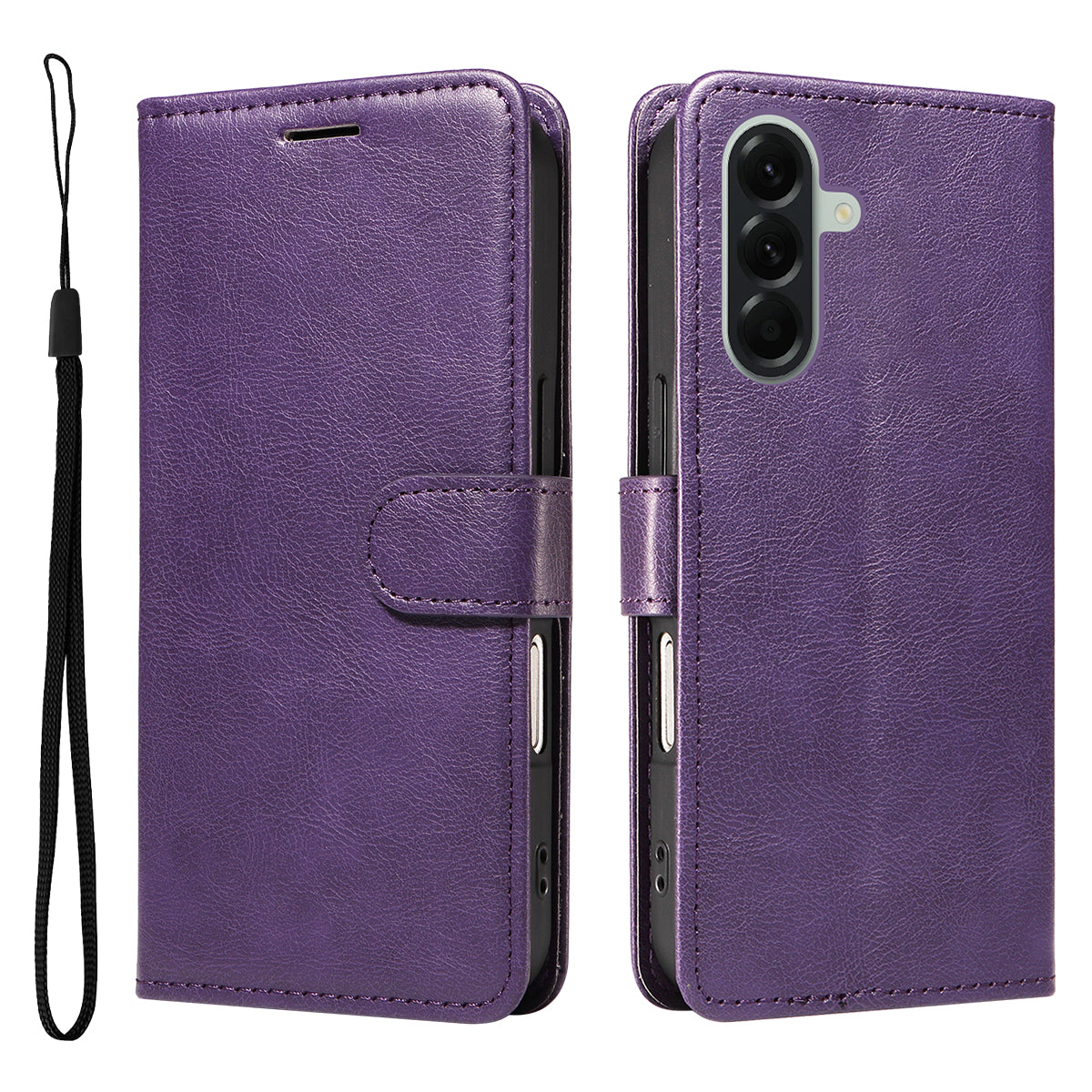 For Samsung Galaxy A57 5G Leather Wallet Case with Strap Solid Color Phone Stand Cover - Purple