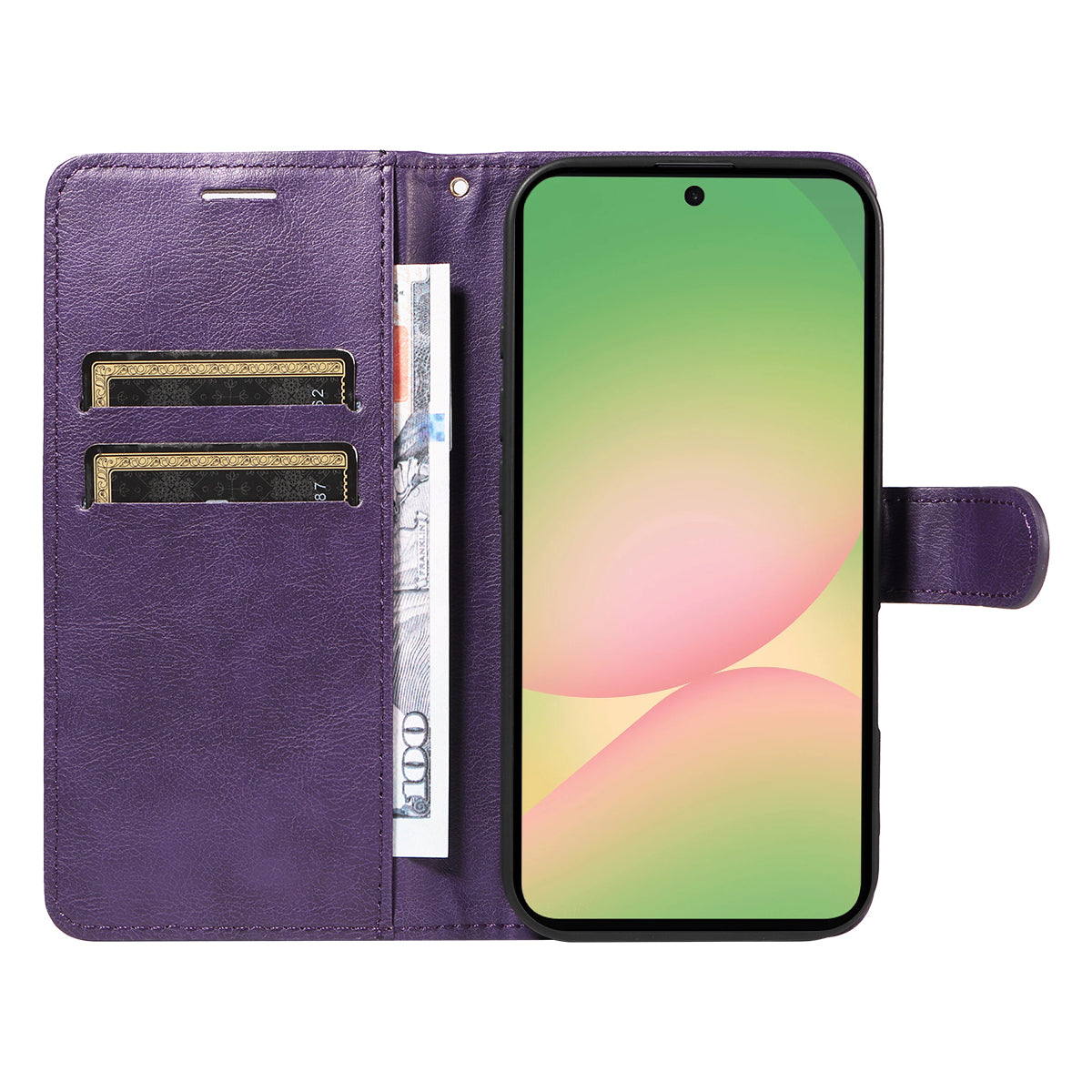 For Samsung Galaxy A57 5G Leather Wallet Case with Strap Solid Color Phone Stand Cover - Purple
