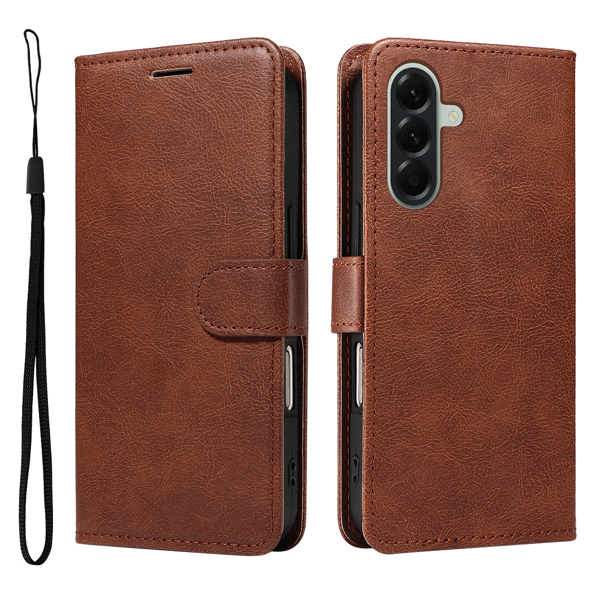 For Samsung Galaxy A57 5G Leather Wallet Case with Strap Solid Color Phone Stand Cover - Brown