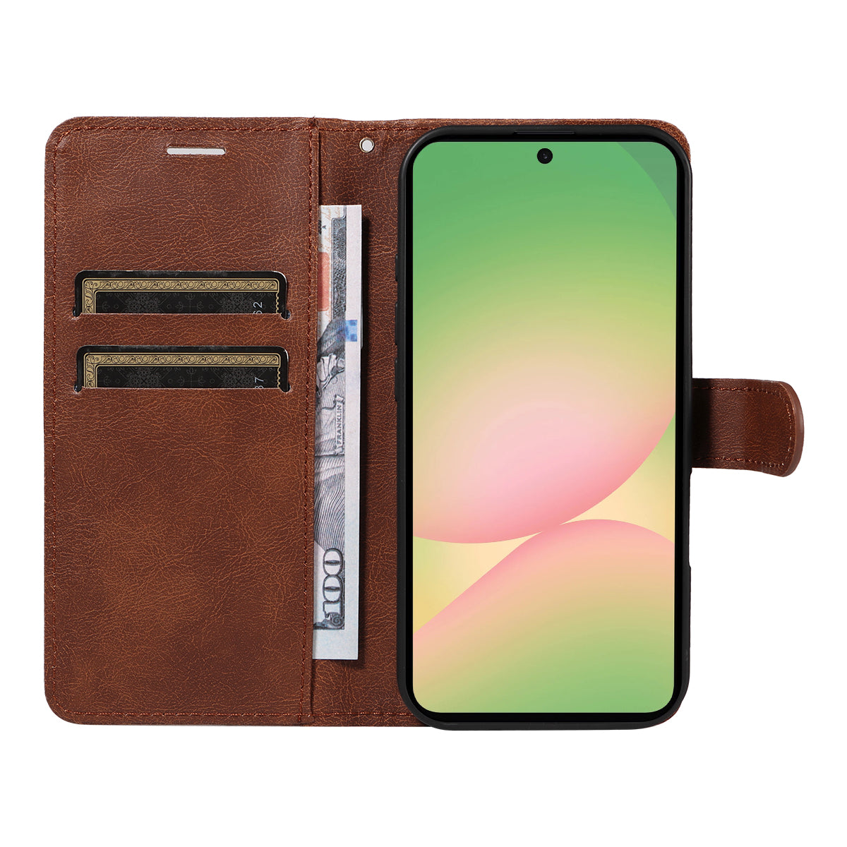 For Samsung Galaxy A57 5G Leather Wallet Case with Strap Solid Color Phone Stand Cover - Brown