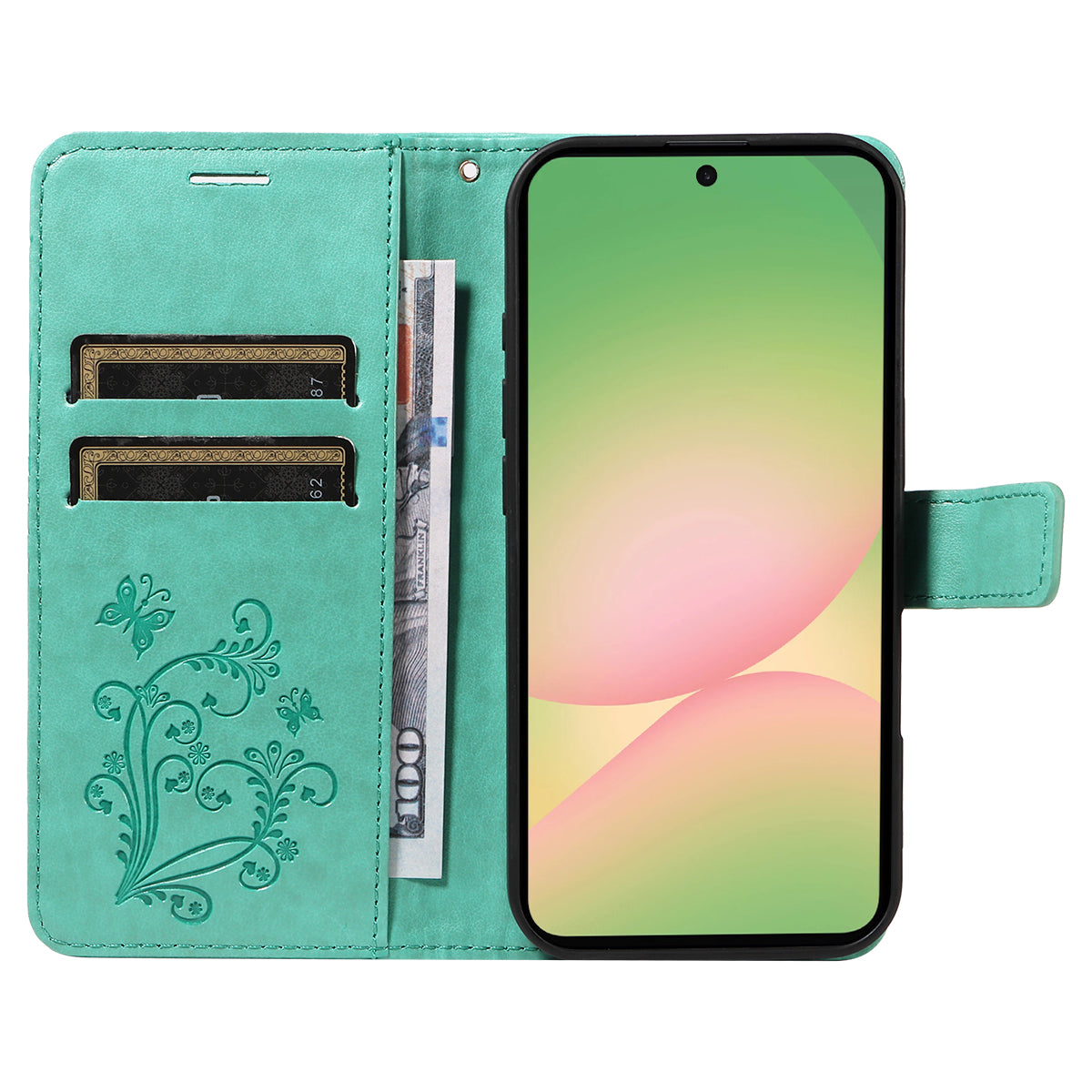 For Samsung Galaxy A57 5G Wallet Case Floral Butterfly Imprinted Leather Phone Cover Stand -  Green