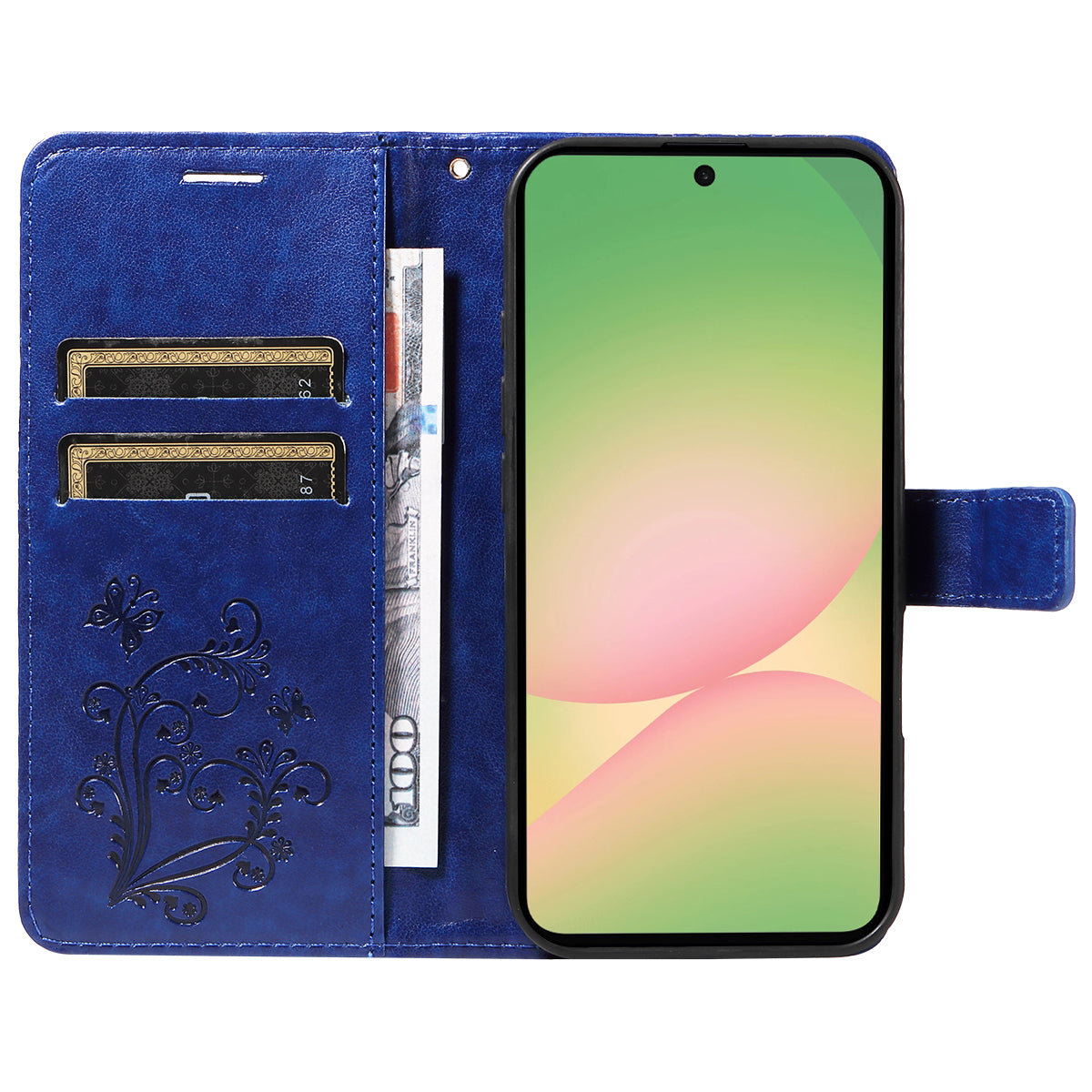 For Samsung Galaxy A57 5G Wallet Case Floral Butterfly Imprinted Leather Phone Cover Stand - Blue