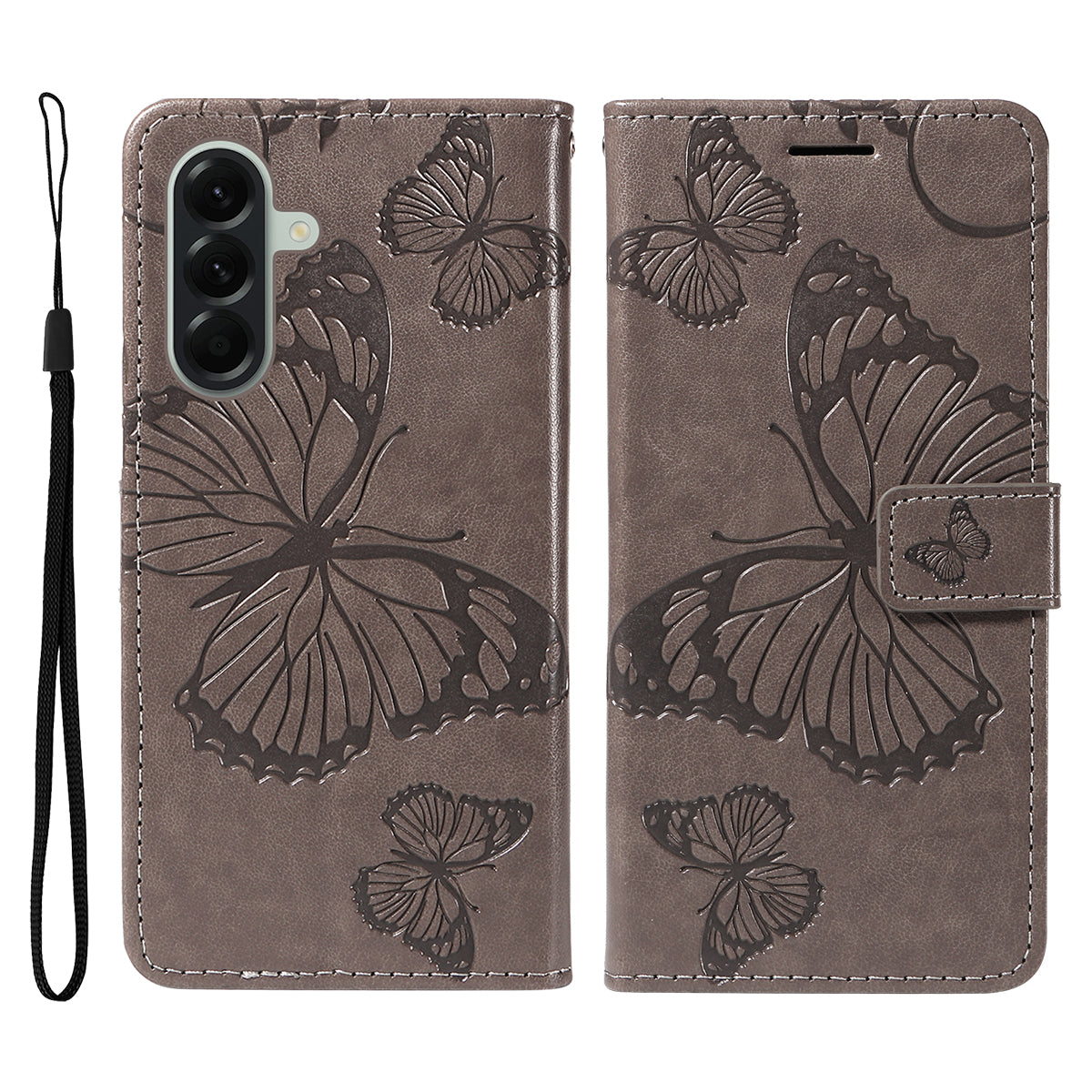 For Samsung Galaxy A57 5G Wallet Case Floral Butterfly Imprinted Leather Phone Cover Stand - Grey