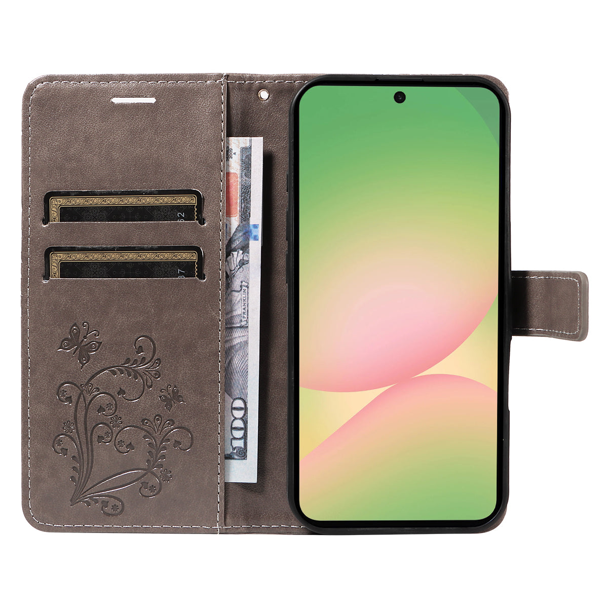 For Samsung Galaxy A57 5G Wallet Case Floral Butterfly Imprinted Leather Phone Cover Stand - Grey