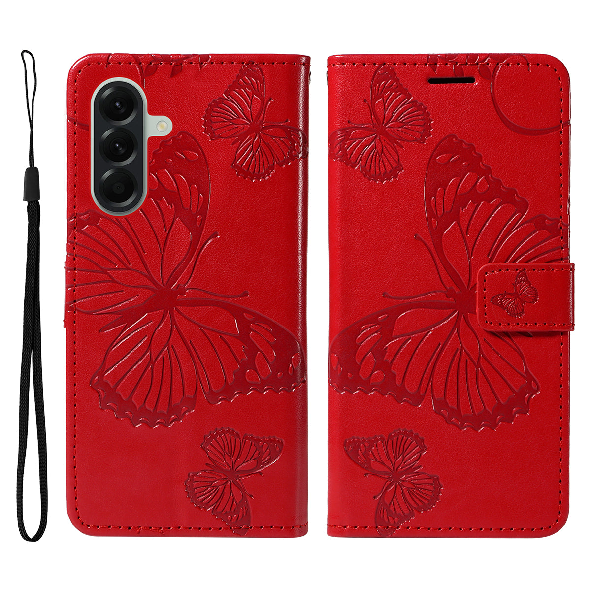 For Samsung Galaxy A57 5G Wallet Case Floral Butterfly Imprinted Leather Phone Cover Stand - Red