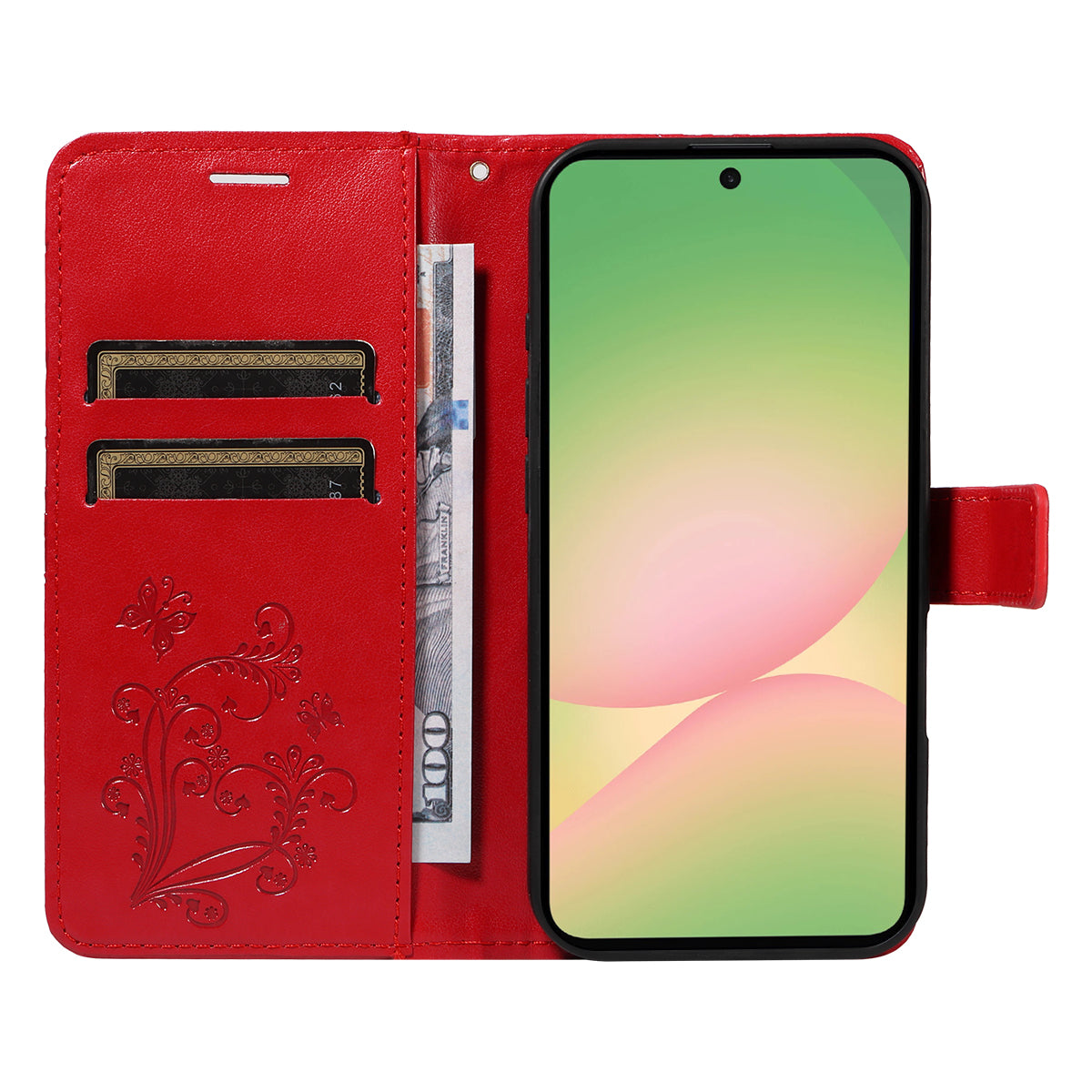 For Samsung Galaxy A57 5G Wallet Case Floral Butterfly Imprinted Leather Phone Cover Stand - Red