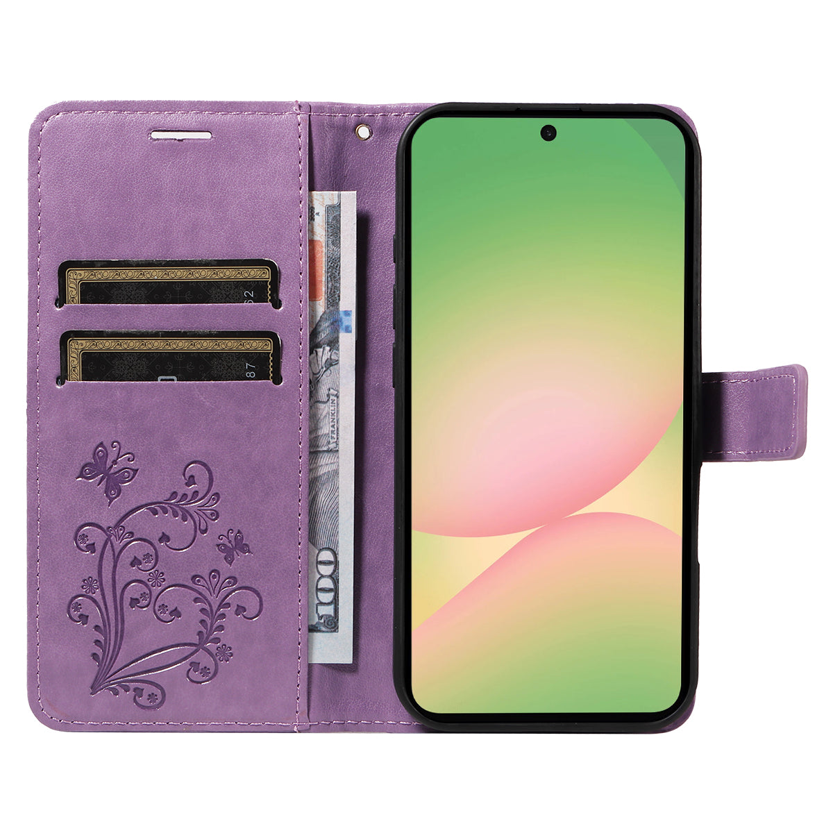 For Samsung Galaxy A57 5G Wallet Case Floral Butterfly Imprinted Leather Phone Cover Stand - Light Purple