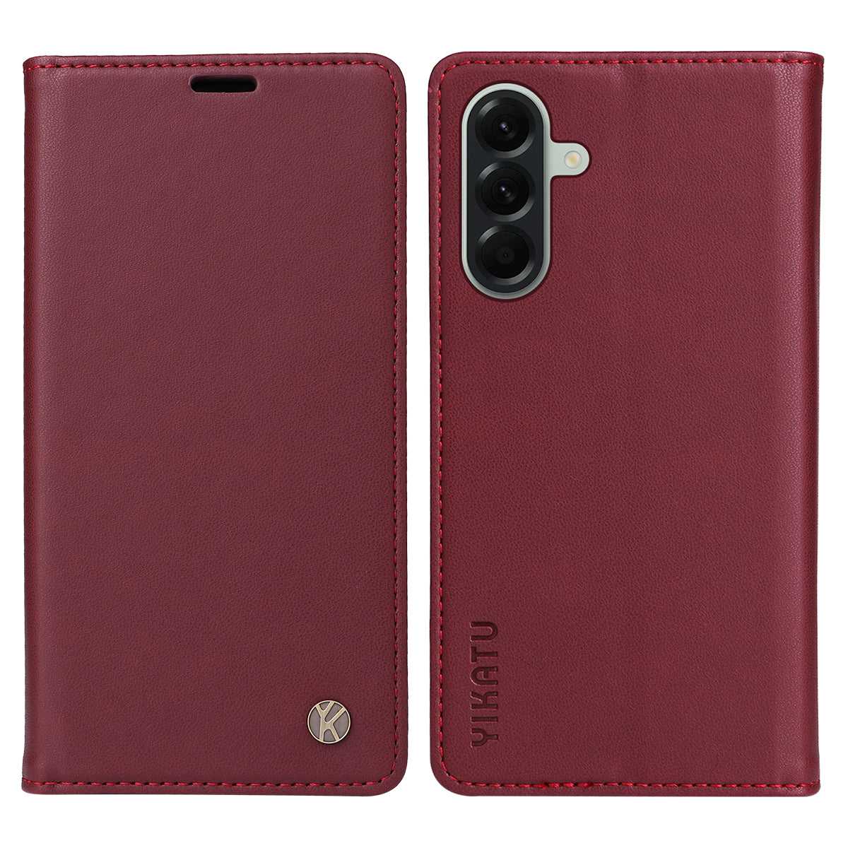 For Samsung Galaxy A57 5G Phone Cases YIKATU Magnetic Closure PU Leather Mobile Cover - Wine Red