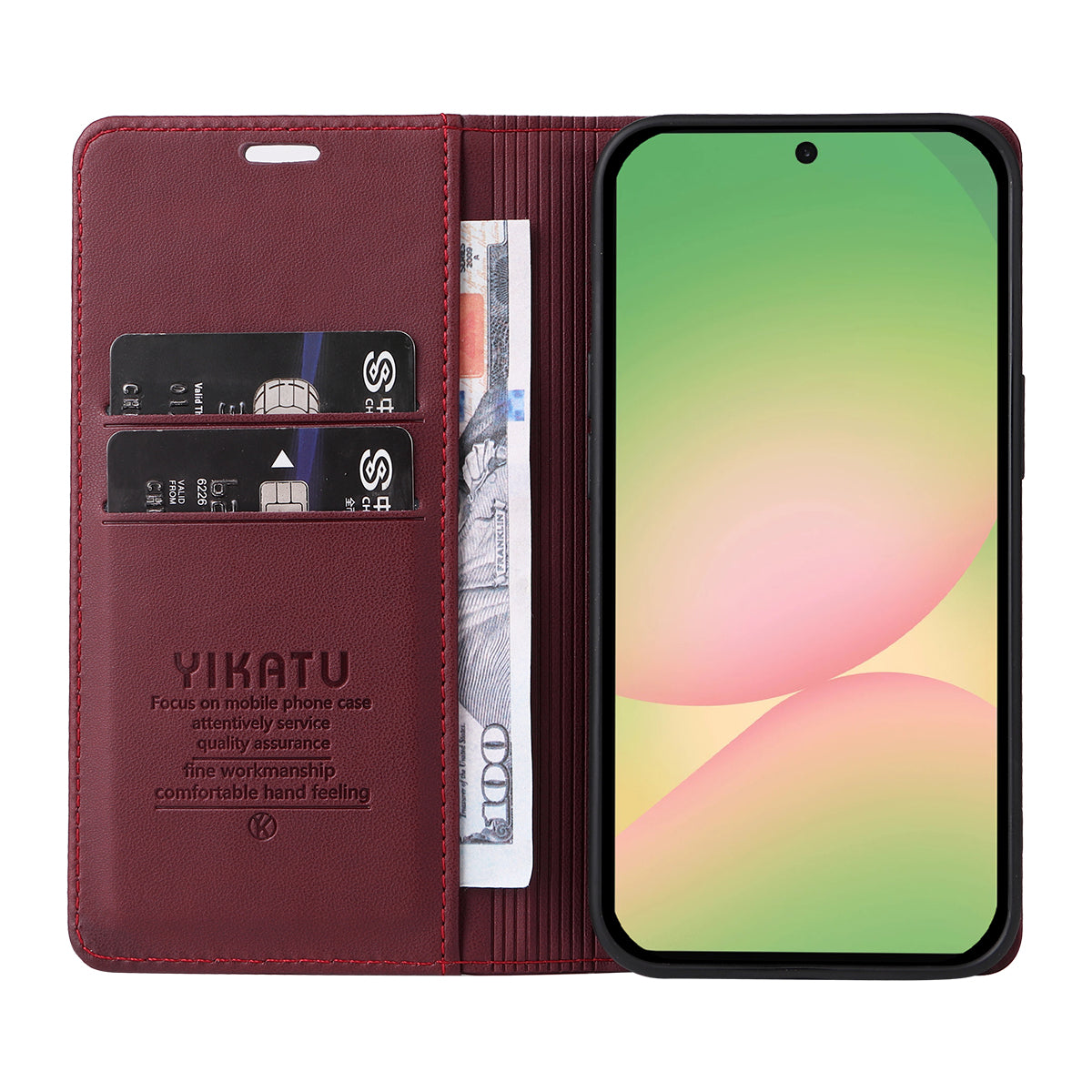 For Samsung Galaxy A57 5G Phone Cases YIKATU Magnetic Closure PU Leather Mobile Cover - Wine Red