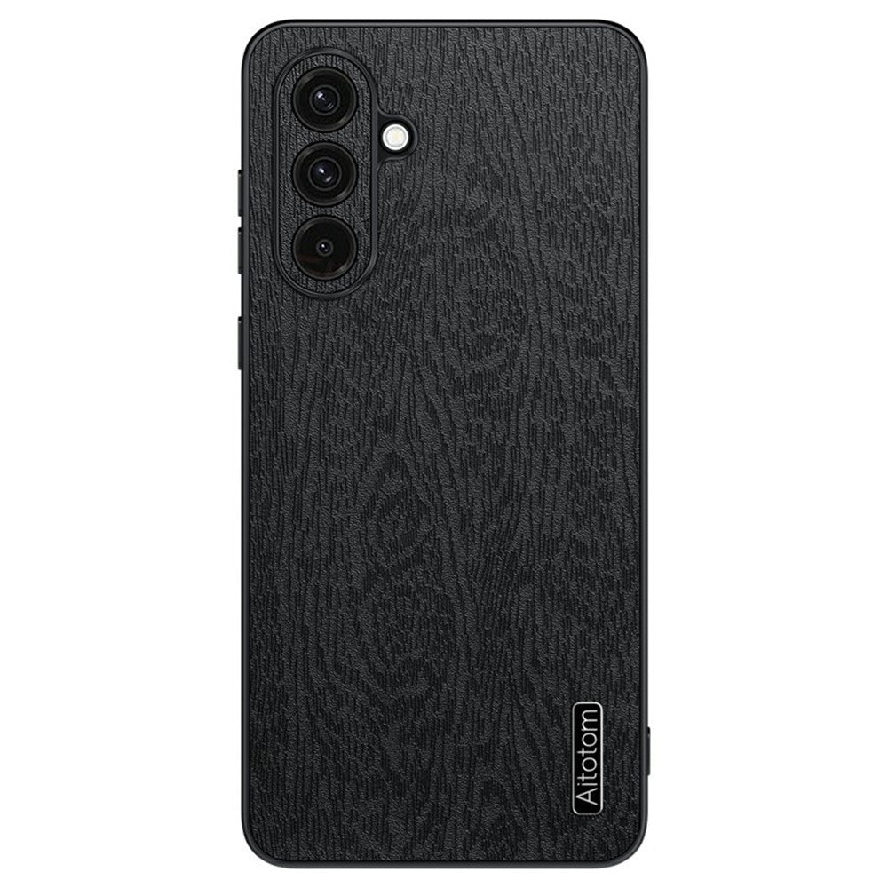 For Samsung Galaxy A57 5G Case Wood Texture PU Leather Coated PC TPU Phone Cover - Black