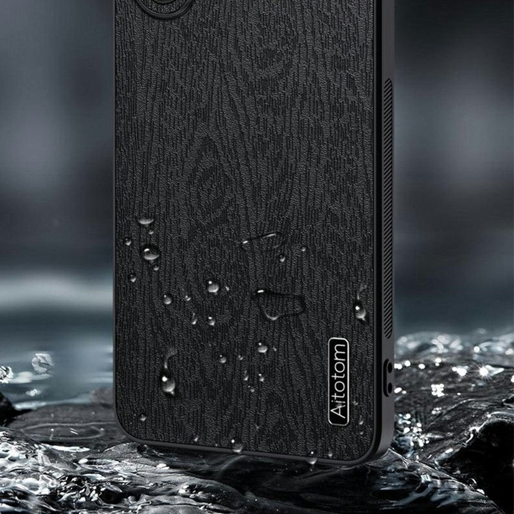For Samsung Galaxy A57 5G Case Wood Texture PU Leather Coated PC TPU Phone Cover - Black