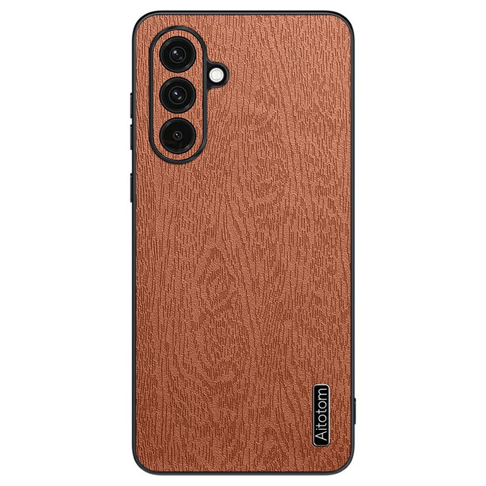 For Samsung Galaxy A57 5G Case Wood Texture PU Leather Coated PC TPU Phone Cover - Brown