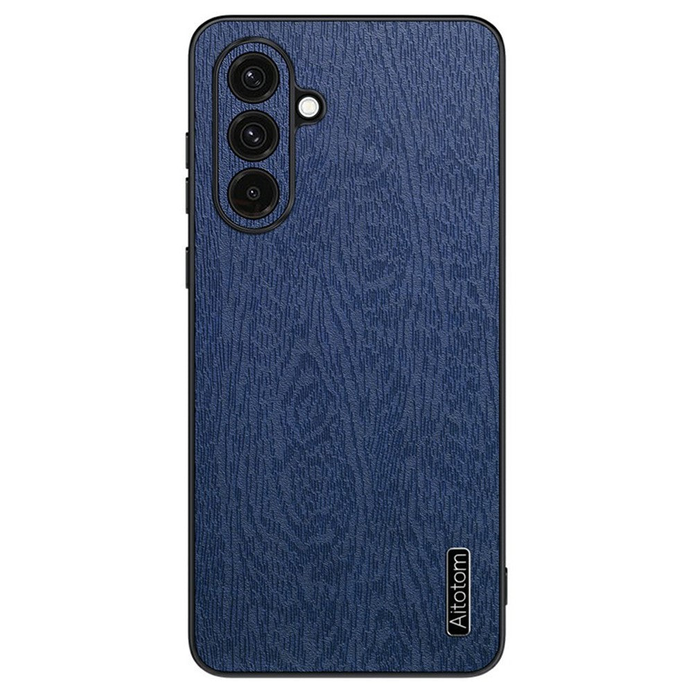 For Samsung Galaxy A57 5G Case Wood Texture PU Leather Coated PC TPU Phone Cover - Blue
