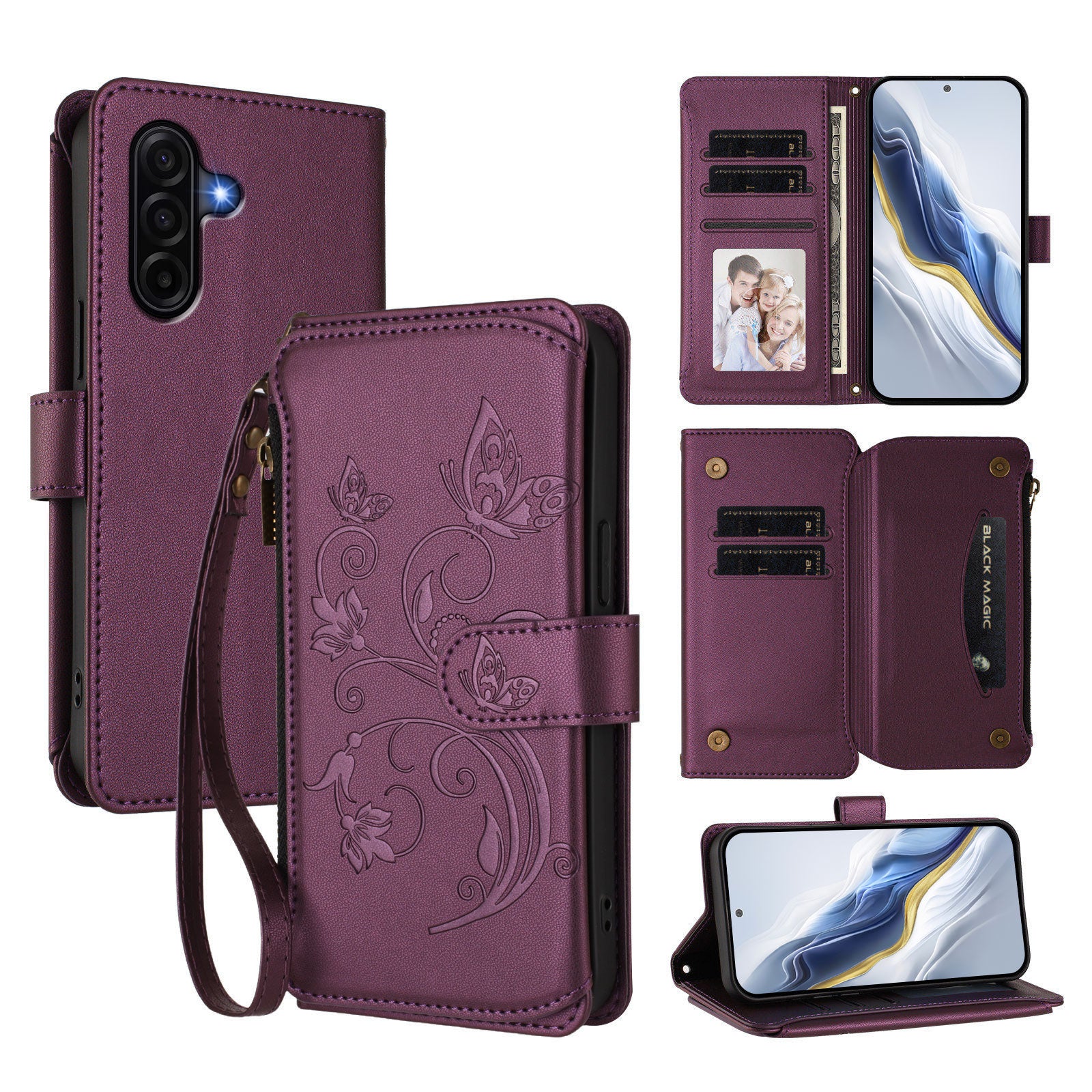 For Samsung Galaxy A57 5G Leather Case Butterfly Floral Imprint Zipper Wallet Stand Cover with Wrist Strap - Purple