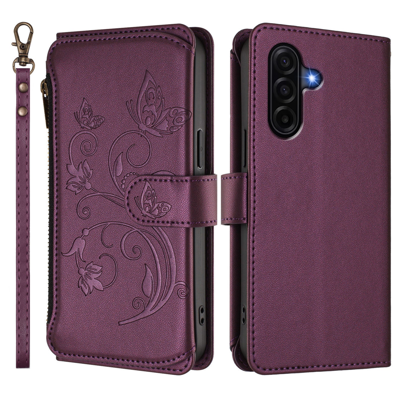 For Samsung Galaxy A57 5G Leather Case Butterfly Floral Imprint Zipper Wallet Stand Cover with Wrist Strap - Purple