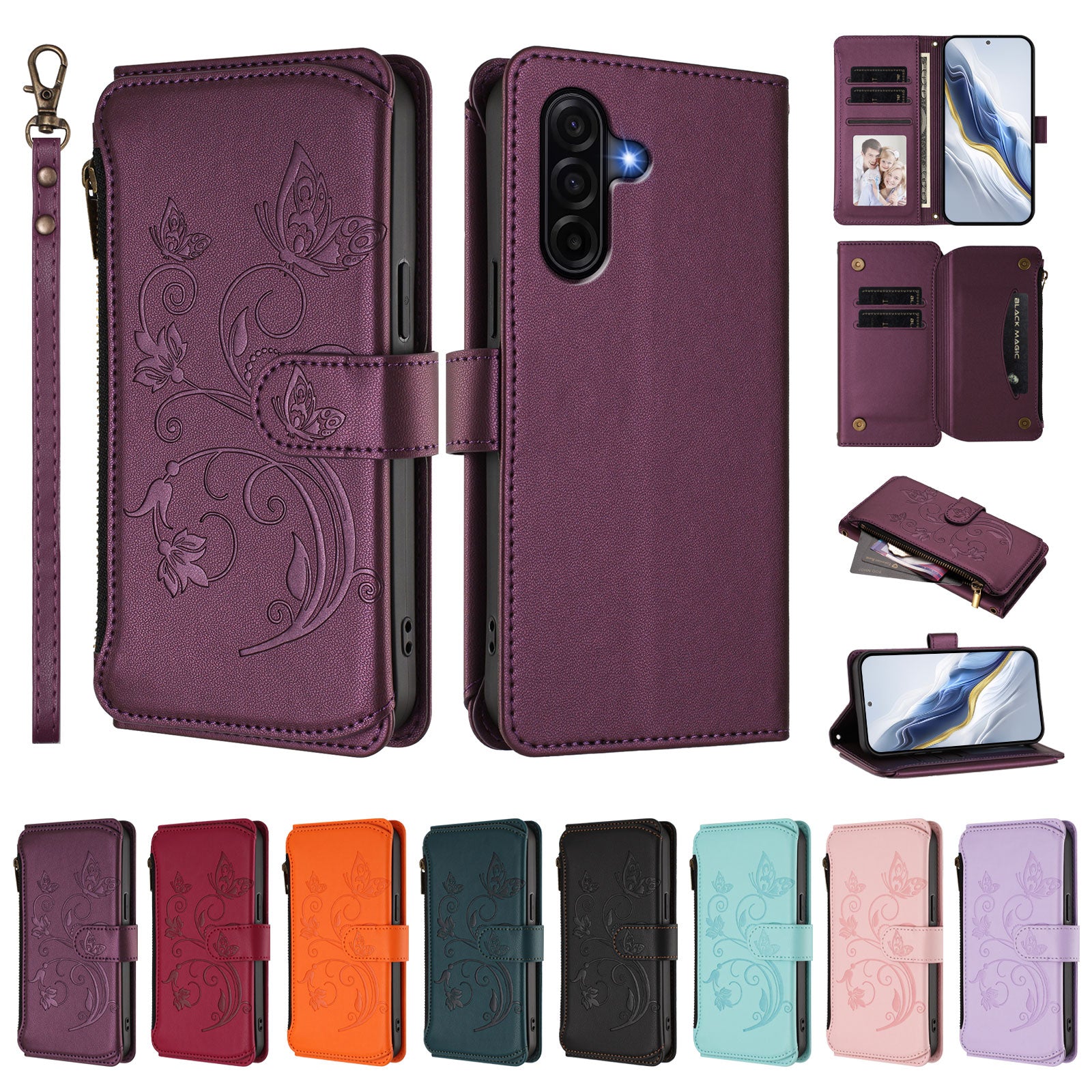 For Samsung Galaxy A57 5G Leather Case Butterfly Floral Imprint Zipper Wallet Stand Cover with Wrist Strap - Purple