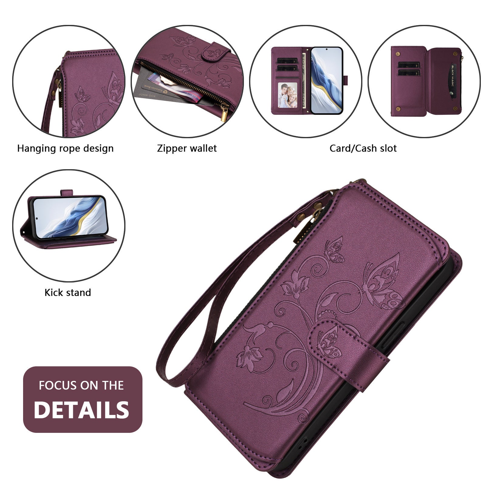 For Samsung Galaxy A57 5G Leather Case Butterfly Floral Imprint Zipper Wallet Stand Cover with Wrist Strap - Purple