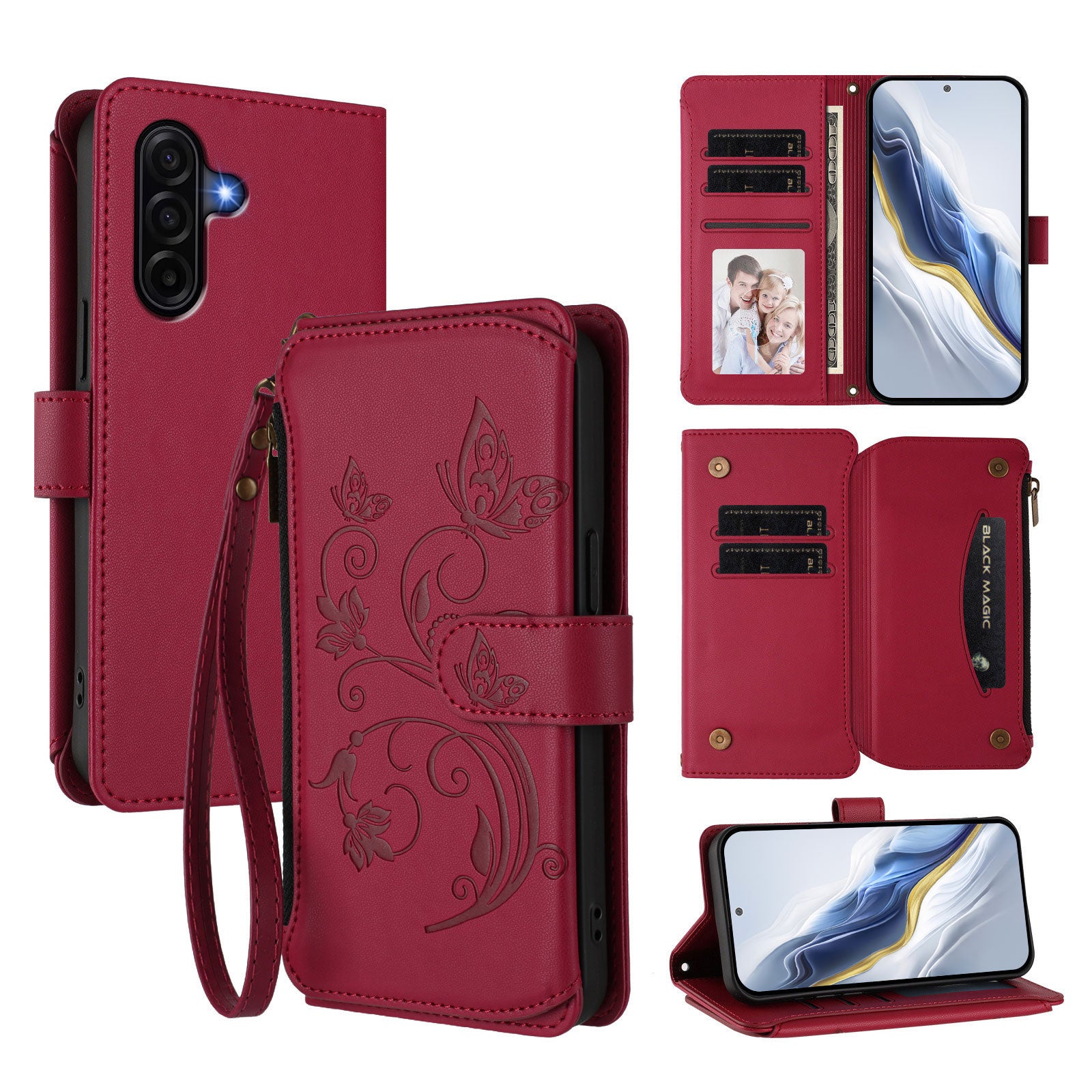 For Samsung Galaxy A57 5G Leather Case Butterfly Floral Imprint Zipper Wallet Stand Cover with Wrist Strap - Wine Red
